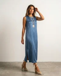 vestido largo azul saten model